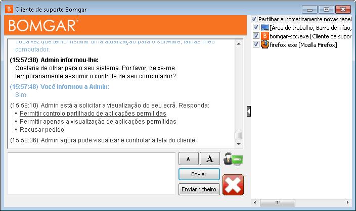 Partilha de aplicações Quando solicitar a partilha limitada de ecrã, é apresentada uma janela de selecção à frente da janela de chat do