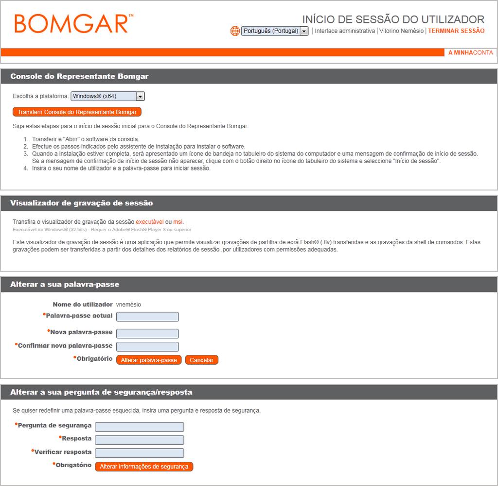 Instalação da consola de representantes No browser da Web, vá para o URL do seu aparelho Bomgar seguido de /login e insira o nome de utilizador e palavrapasse definidos pelo seu administrador.