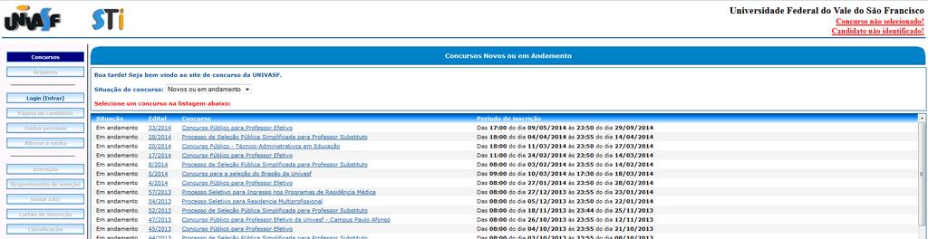 1 - Introdução O sistema de concursos da UNIVASF é uma ferramenta desenvolvida pela Secretaria de Tecnologia da Informação (STI) que permite a inscrição de candidatos às vagas ofertadas pela UNIVASF.