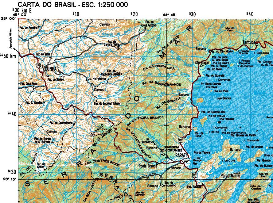 CARTAS EM ESCALA 1:250.000 Compiladas a partir de cartas maiores e imagens radar (RADAM). Abrangência: 1 de latitude e 1 30 de longitude.