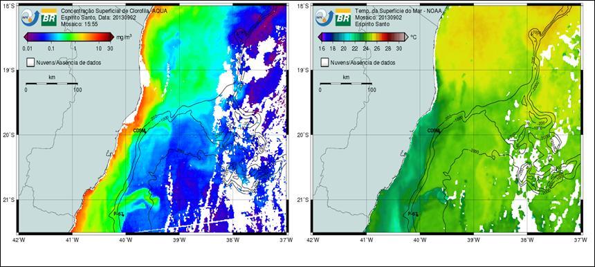 3. Resultados e Discussão As imagens de CSM MODIS-Aqua adquiridas durante as campanhas do AMBES mostraram uma distribuição da Cla determinada predominantemente pela presença do aporte de rios e