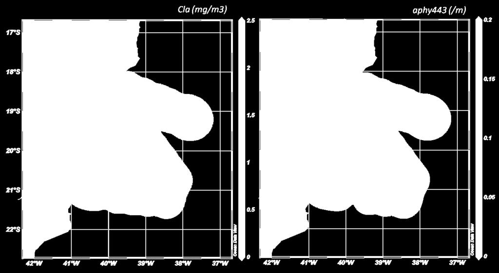 Figura 3. Mapa de distribuição da Cla in situ (à direita) e da absorção do fitoplâncton em 443nm (a phy 443) durante o AMBES (26/07-07/09) (interpolado por krigeagem).