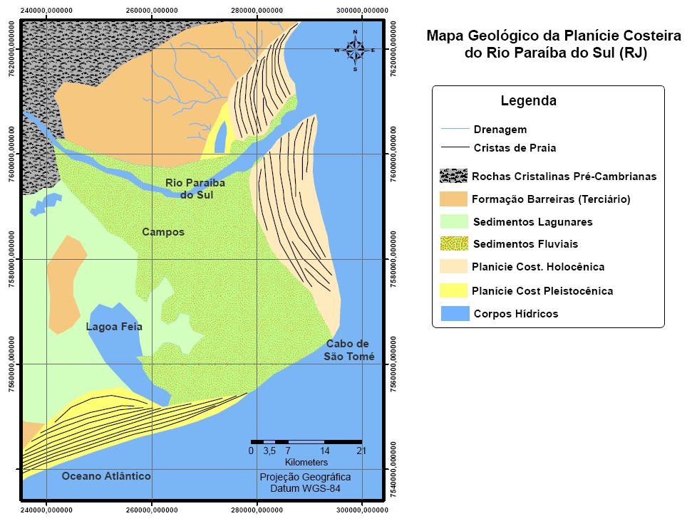 3.2.3- Características morfológicas e evolução da planície deltáica do Rio Paraíba do Sul A atual planície costeira faz parte do complexo deltáico do rio Paraíba do Sul.