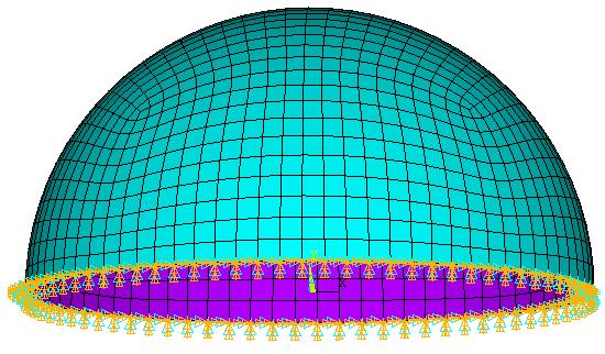 6 As Figuras 5 e 6 exemplificam os modelos numéricos dos arcos e da cúpula obtidos com o ANSYS. Figura 5 - Modelo numérico de arco bi-engastado com carregamento uniformemente distribuído.