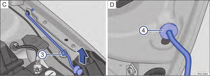 Fig. 162 C: haste de sustentação da tampa do compartimento do motor 3. D: tampa do motor protegida com a haste de sustentação da tampa 4.