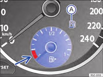 Indicador do nível de combustível Fig. 34 No instrumento combinado: indicador do nível de combustível. Luz de controle A acesa Posição do ponteiro Fig. 34 Marca vermelha (seta).