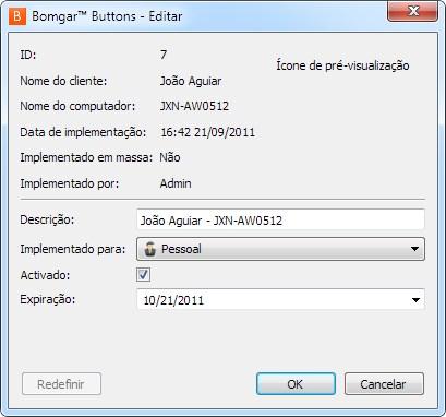 As estatísticas de utilização do Bomgar Button incluem: Campos estáticos: ID de cada Bomgar Button Nome do Cliente Nome do Computador Data de Implementação Implementado em Massa (Sim/Não)