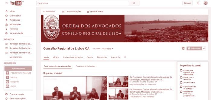 Canal Youtube O Conselho Regional de Lisboa tem um canal de Youtube desde 2009, com a publicação do vídeo da campanha de combate à Procuradoria Ilícita.