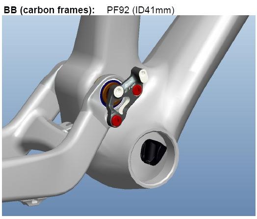 9mm de diâmetro nas zonas superior e inferior respetivamente. Todos os quadros com triângulos dianteiros em carbono utilizam blocos pedaleiros com o standard BB92PF.