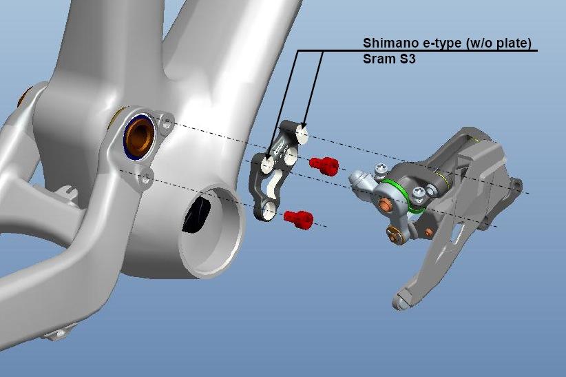 Os quadros Spark utilizam um sistema de fixação do desviador dianteiro Shimano tipo E, prescindindo da placa de fixação que normalmente vem instalada nesses tipos de desviador.