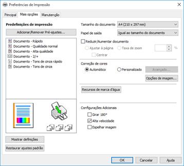 Seleção das opções de leiaute e impressão - Windows Você pode selecionar uma variedade de opções adicionais de leiaute e impressão para seus documentos ou fotos na guia Mais opções. 1.