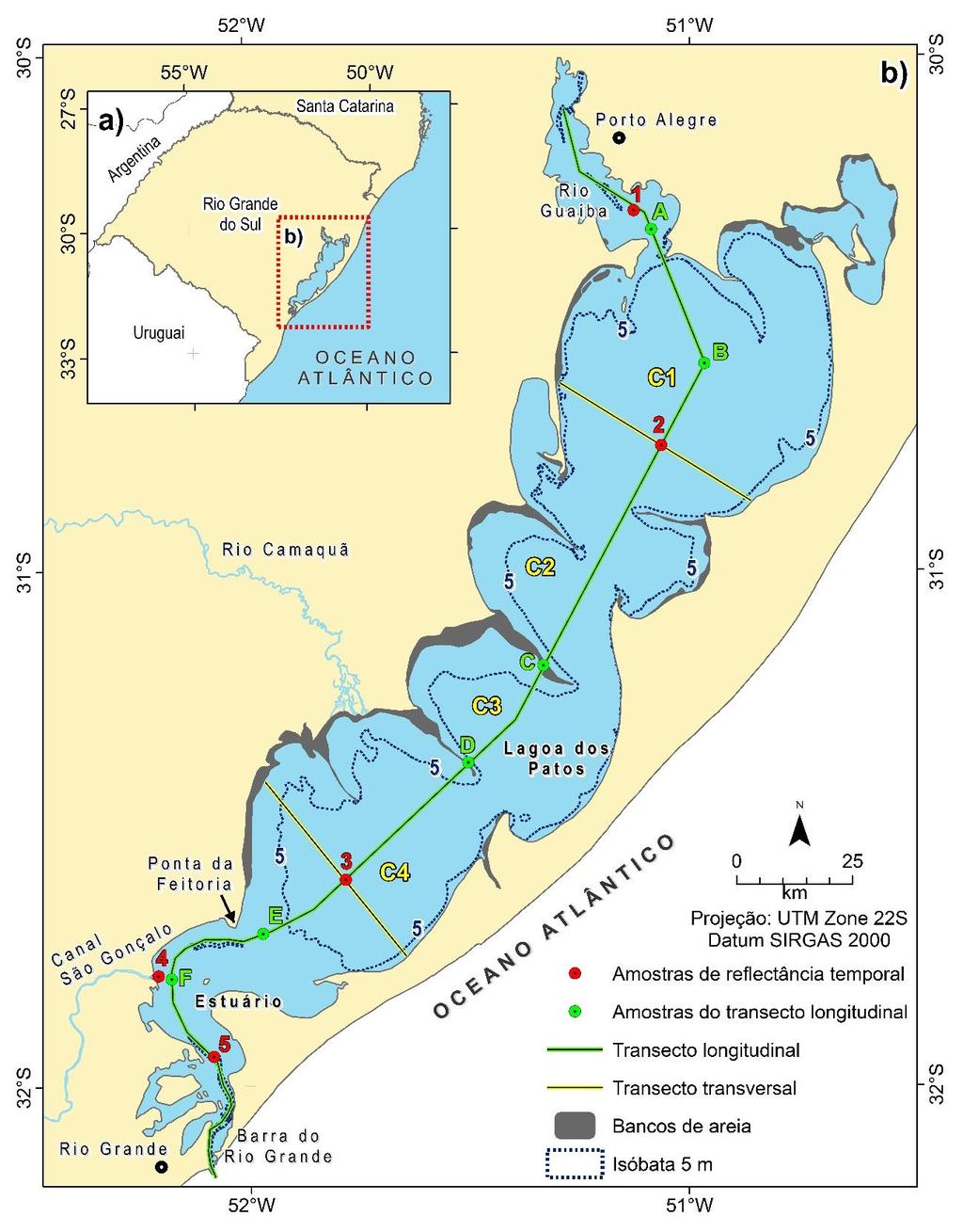Figura 2. 1: a) Rio Grande do Sul, Brasil; b) Lagoa dos Patos. A contribuição média anual de água doce na laguna é de 2400 m 3 s -1 (Möller et al.