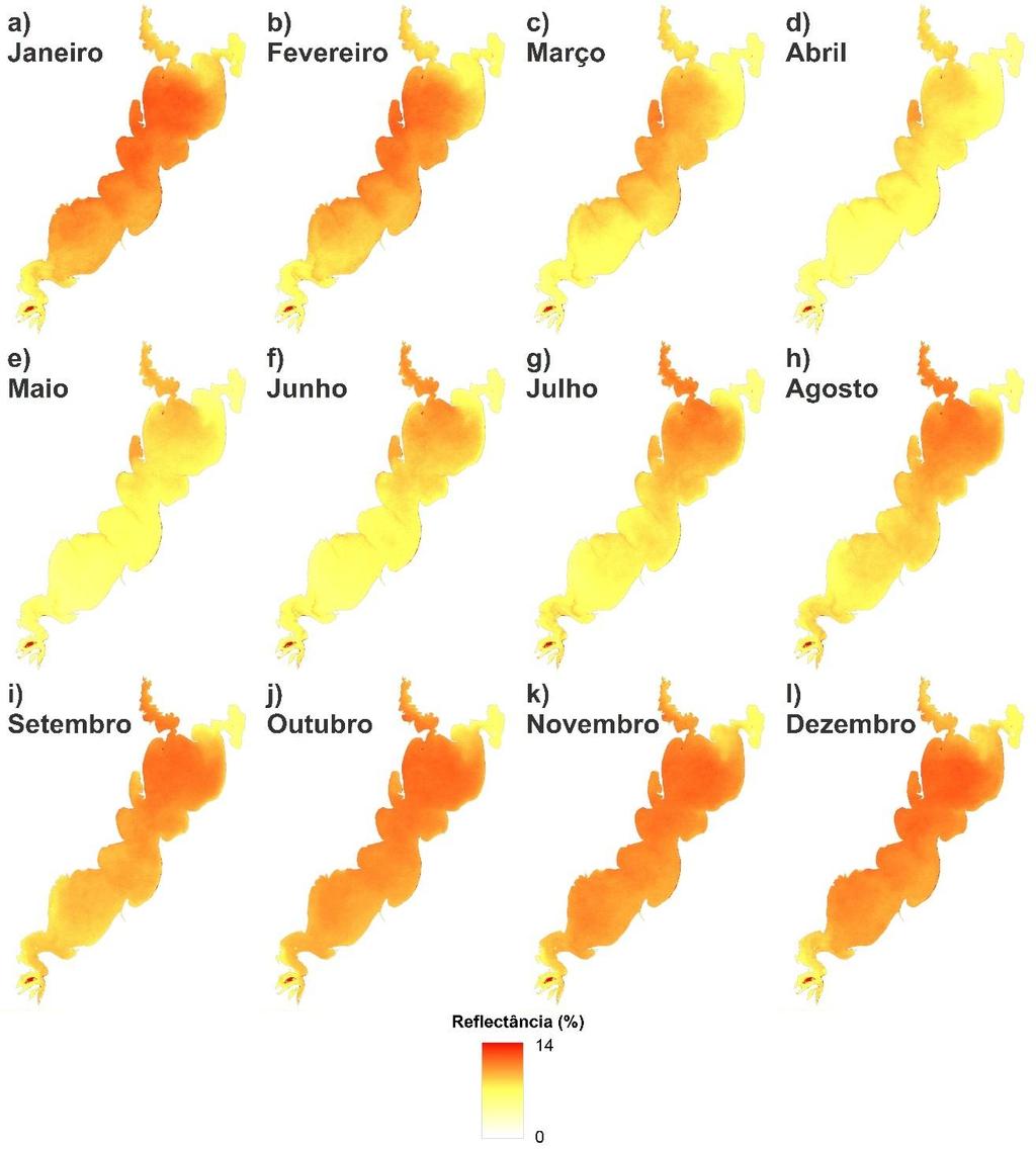 Figura 2. 6 Imagens de reflectância média mensal do produto MOD09Q1 A variabilidade de SS ao longo do ano na Lagoa dos Patos parece estar relacionada com a descarga fluvial (Figura 2.