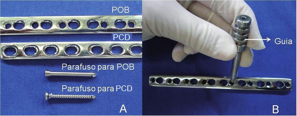 514 Figura 1 - Sistema de placa bloqueada e placa de compressão dinâmica. A - Placa Óssea Bloqueada (POB) e Placa de Compressão Dinâmica (PCD) com respectivos parafusos.