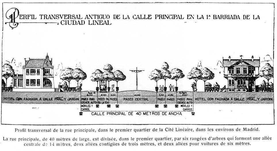 de dez a vinte metros, respectivamente. Perfil de avenida para a Cidade Linear, em SORIA Y MATA, 1882 (1913): 13.