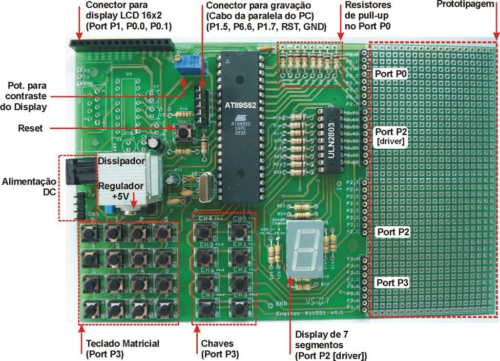 2008 KIT S51 Kit didático para microcontrolador AT89S51/52 Requisitos - Placa de circuito impresso KIT S51 V1.1. - Componentes para montagem da placa. - Cabo para gravação. - Fonte DC.
