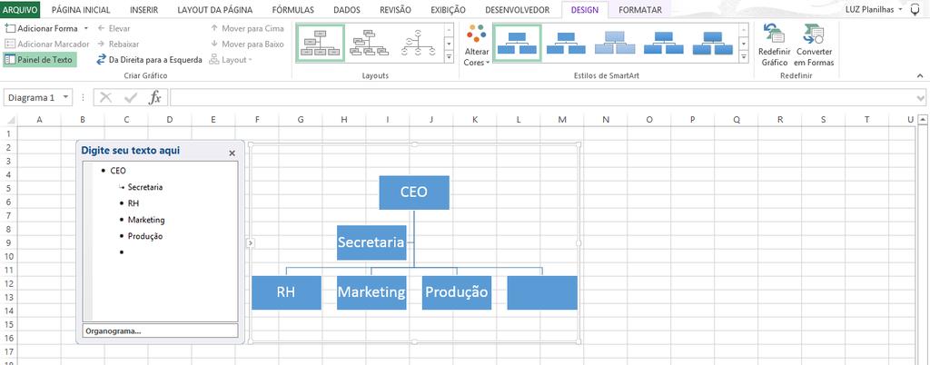 2. Escolha o tipo Basta ir na opção hierarquia e escolher a que mais te interessar. No meu caso, eu peguei o organograma vertical.