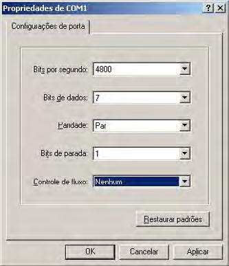 selecione as seguintes configurações: Bits por segundos: 4800 Bits de dados: 7 Paridade: