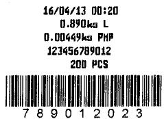 Amostras de Etiquetas - Tamanho 60 x 45 mm Protocolo P02 MODELO 1 - ETIQUETA DE PESAGEM Informações na etiqueta: Data; Hora; Código numérico de 12 dígitos; Peso bruto; Código de