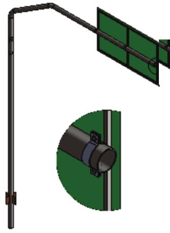 Suporte para placas Bandeira simples - coluna O suporte é formado por um braço projetado com poste de 6m e conjunto de fixação de placas. Material Utilizado: Coluna e Braço - tubo de aço-1020.