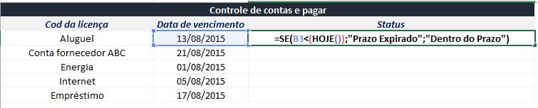 estamos dizendo para o Excel que, caso a data de vencimento da conta seja menor do que a data atual (representada pela função Hoje), então deverá retornar a mensagem Prazo Expirado, caso