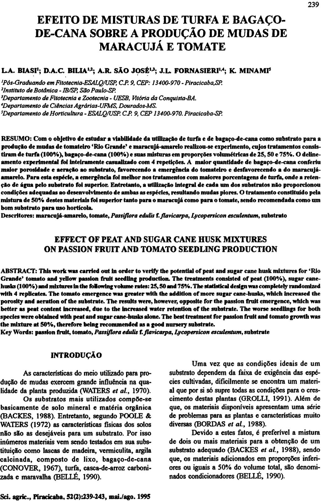 EFEITO DE MISTURAS DE TURFA E BAGAÇO- DE-CANA SOBRE A PRODUÇÃO DE MUDAS DE MARACUJÁ E TOMATE L.A. BIASI 1 ; D.A.C. BILIA 1,2 ; A.R. SÃO JOSÉ 1,3 ; J. L. FORNASIERI 1,4 ; K.