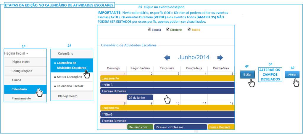 Importante: Não é possível editar um evento DIRETORIA (cor verde) e TODOS (cor laranja). 5.