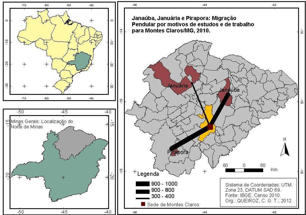 Mapa 3: Pirapora, Janaúba e Januária / MG: Migração Pendular por motivos de estudo Montes Claros, 2010. 3 Fonte: IBGE, 2012. Org.: QUEIROZ, C. G. T.; 2012.