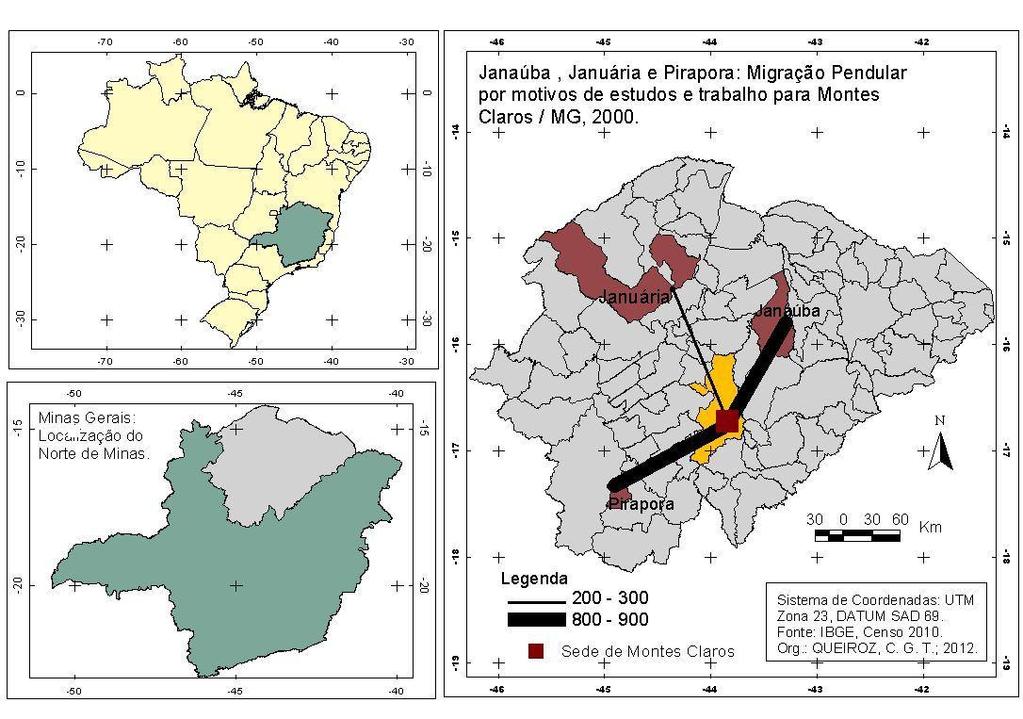 Mapa 4: Janaúba, Januária e Pirapora/MG: Migração Pendular por motivos de estudo e trabalho, 2000. Fonte: IBGE, 2012. Org.: QUEIROZ, C. G. T.; 2012.