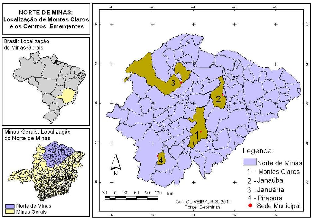 Mapa 1: Montes Claros, Pirapora, Janaúba e Januária / MG: Localização Geográfica. Fonte: Geominas. Org.: OLIVEIRA, R. S.; 2011.