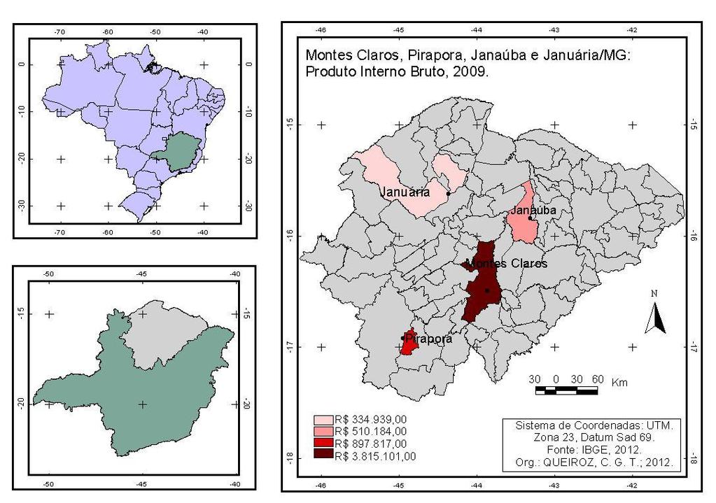 Mapa 2: Montes Claros, Pirapora Janaúba e Januária/MG: Produto Interno Bruto, 2009. Fonte: IBGE, 2012. Org.: QUEIROZ, C. G. T.; 2012.