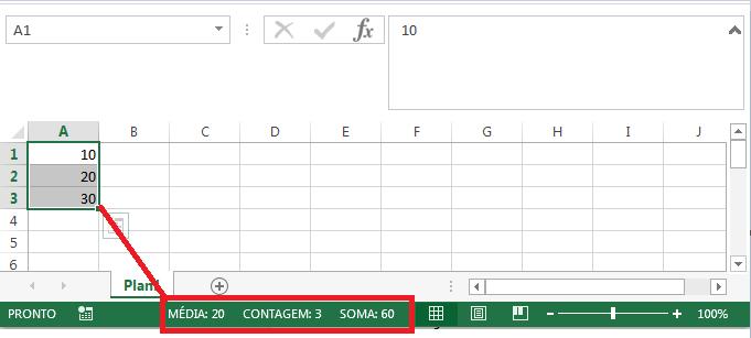 No exemplo abaixo, temos três células contendo valores no qual desejamos saber o resultado da soma entre eles. Deste modo, basta simplesmente selecionar as células e verificar a barra de status.