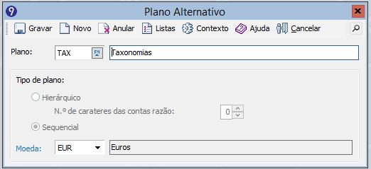 Plano alternativo Com base no Referencial Contabilístico de cada empresa, será automaticamente criado um plano alternativo TAX do tipo sequencial