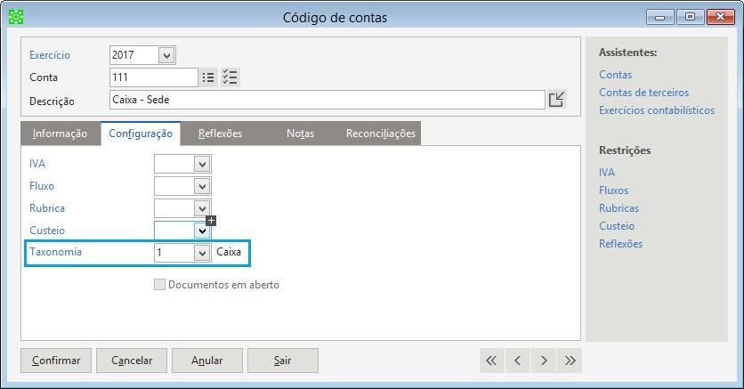 Tabela de Códigos de contas Para tratar esta informação foi criado um novo campo na ficha das contas: