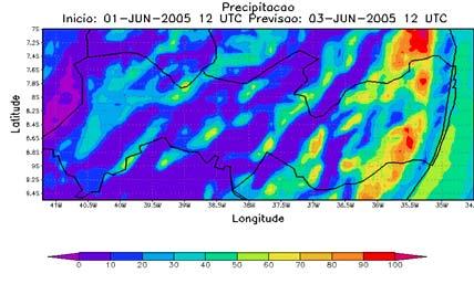 Figura 1a Total de precipitação (BRAMS) das 12 UTC do dia 02 às 12 UTC do dia 03.06.2005.. Figura 1a Total de precipitação observada para o período das 10 UTC do dia 02 às 10 UTC do dia 03.062005.