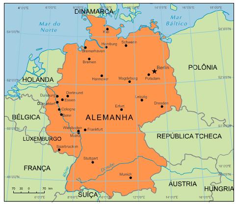 Dados Básicos A Alemanha possui localização estratégica no norte da Europa, entre o Mar Báltico e o Mar do Norte.