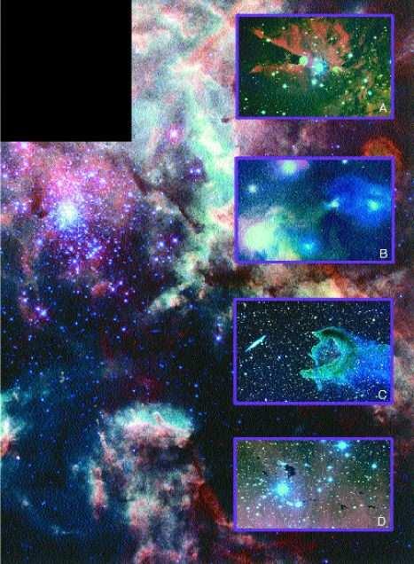 Nebulosa Tarântula (30 Doradus) rico berçário estelar: A. Neb. do Cone, em Monoceros. B.