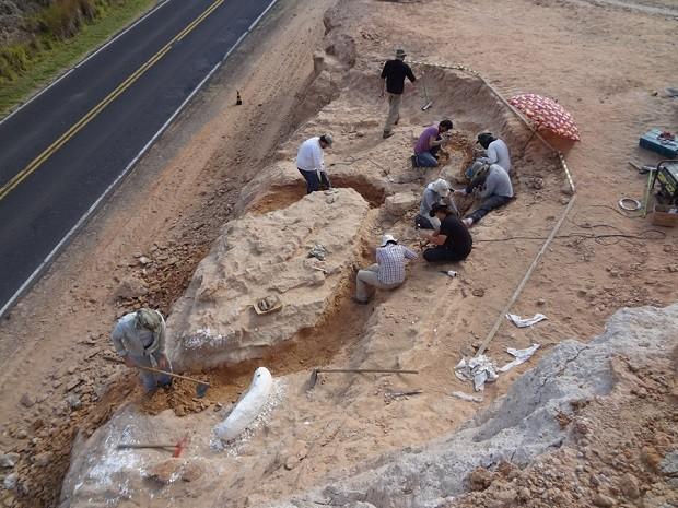 Grupo coleta ossada de dinossauro que viveu há 70 milhões de anos em Marília, no interior de SP.