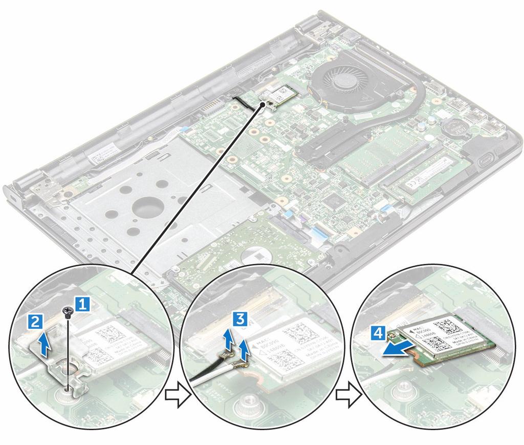 placa WLAN Como remover a placa WLAN 1 Siga o procedimento descrito em Antes de trabalhar na parte interna do computador.