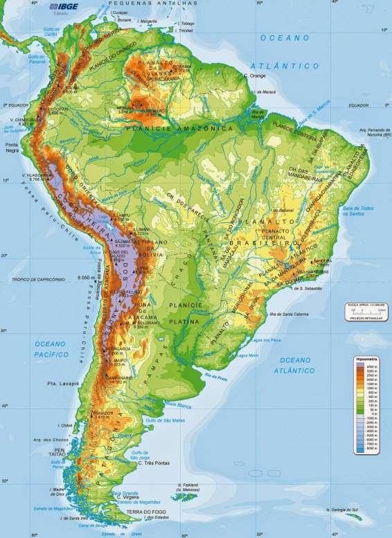 A cordilheira dos Andes, que estende-se da Venezuela até o extremo sul do Chile, possui aproximadamente 7 500 km de extensão e 300 km de largura.