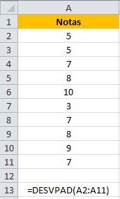 Deste modo, basta inserirmos os valores nas células do Excel, e utilizarmos as formula DESVPAD conforme abaixo, selecionado o intervalo contendo as notas.