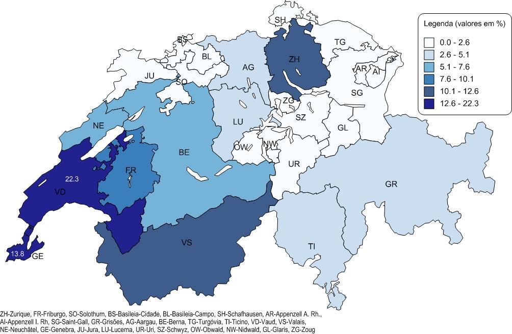 OEm Country Reports, 3 novembro de 2016 Mapa 1 Distribuição da população portuguesa permanente na Suíça, por cantão de