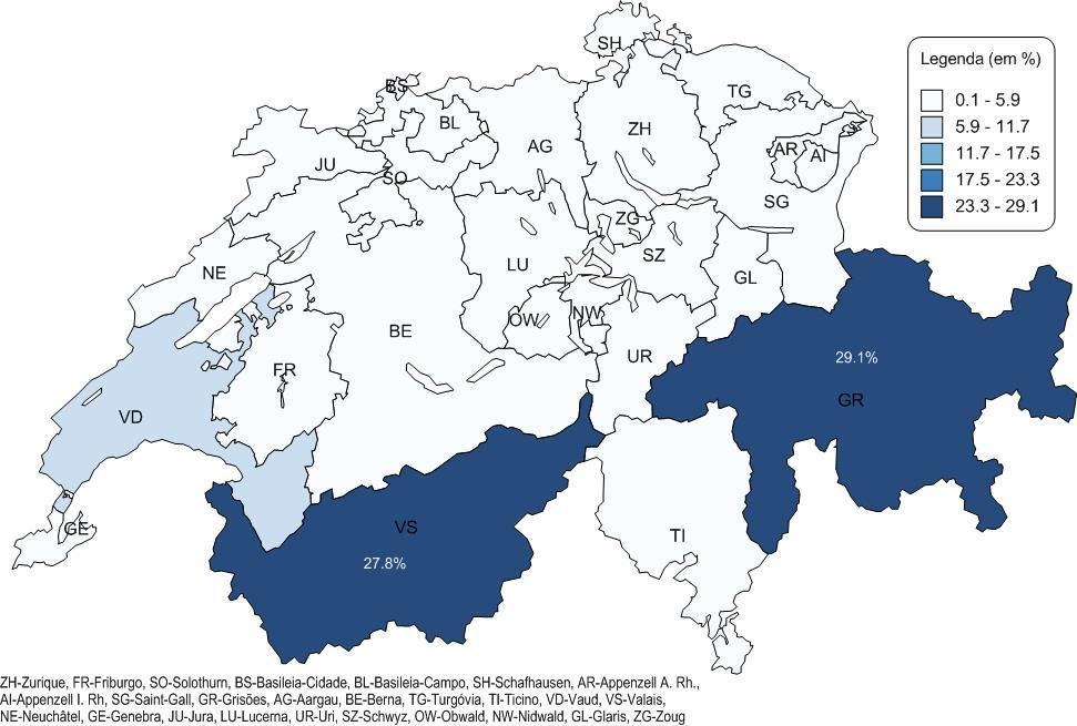 OEm Country Reports, 3 novembro de 2016 Mapa 3 Distribuição da população portuguesa residente de curta duração na Suíça, por