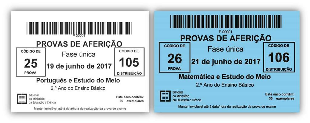 5.14. Os sacos com os enunciados das provas de aferição são identificados com etiquetas de cores diferentes, de acordo com as provas/código. 5.15. As etiquetas brancas identificam as provas de 2.º, 5.