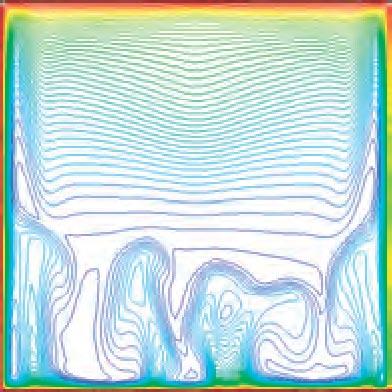Campo de Temperatura para Ra = 7, 22 107. fluido mais próximas às paredes verticais, caracterizando uma estratificação térmica na cavidade, como pode ser observado nas Figs.