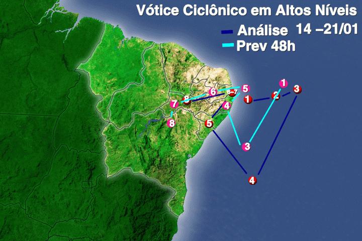 a b Figura 3 A posição do vórtice ciclônico em altos níveis dia por dia no período que vai de 14 a 21/01 segunda a análise e previsto pelo modelo Eta 40, a) linha em azul a análise e linha vermelha a