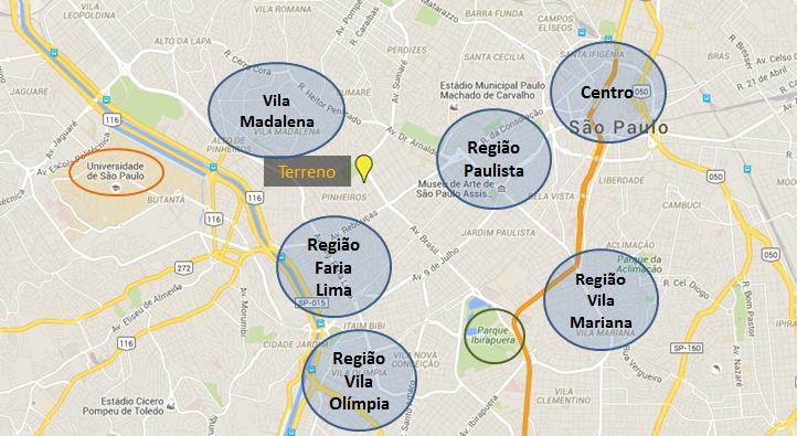 3. Análise da localização geográfica do empreendimento e de sua vizinhança Macrolocalização Pinheiros é um bairro da região Oeste da cidade de São Paulo, onde estão localizadas conhecidas vias da