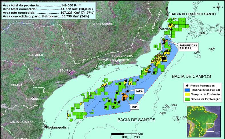 A PROVÍNCIA DO PRÉ-SAL A grande área em azul indica a ocorrência prevista para o Pré-sal, com potencial para a presença de petróleo; No Campo de Jubarte (Parque das Baleias) e na área de Tupi (Bacia