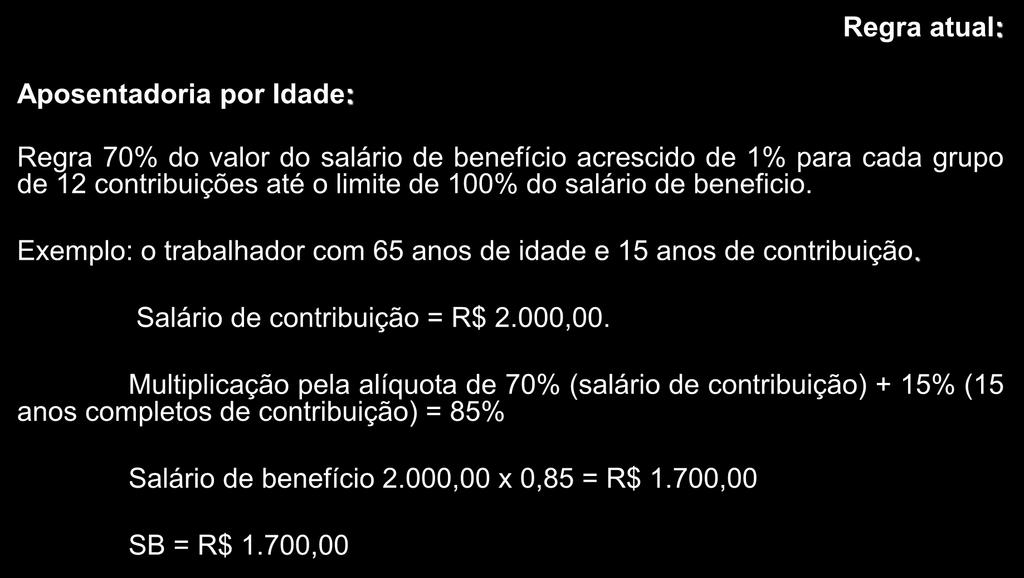 Regra atual: Aposentadoria por Idade: Regra 70% do valor do salário de benefício acrescido de 1% para cada grupo de 12 contribuições até o limite de 100% do salário de beneficio.