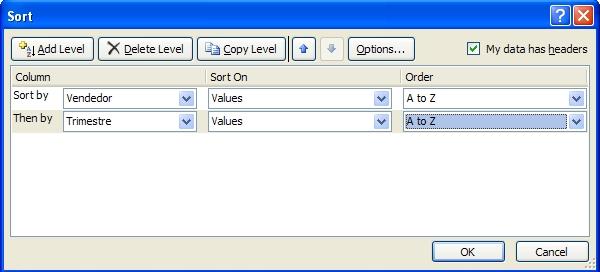 Microsoft Excel Exercício 3 16. Posicione-se numa das células da tabela e ordene os dados por Vendedor e por Trimestre.
